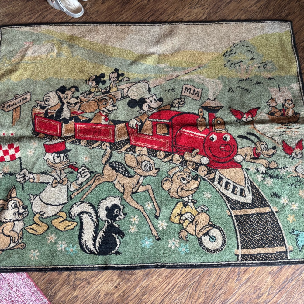 1940s Vintage handmade Cartoon Mickey Mouse and friends Rug with Red Train